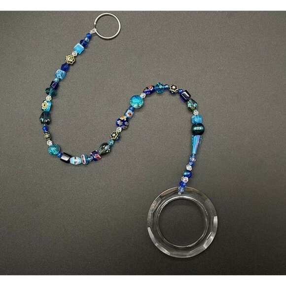 Beaded Suncatcher Blue Clear Crystal Ring Hanging Patio Decor Yard Art - Picture 1 of 10